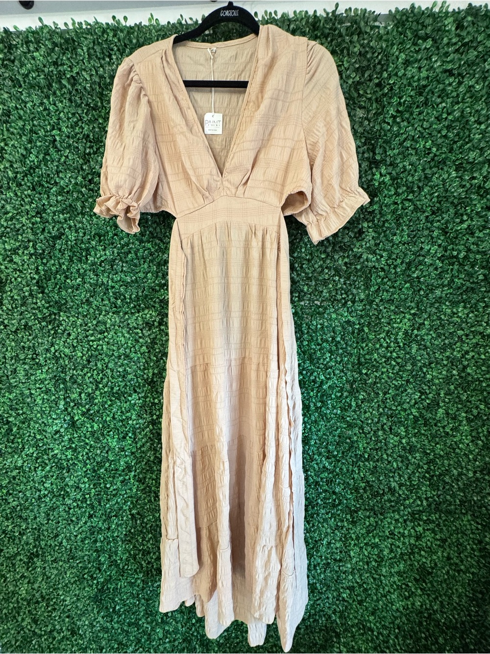 tan open back dress